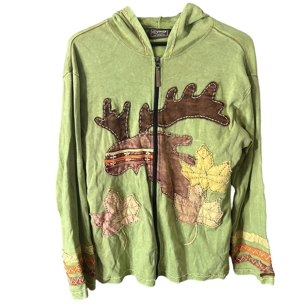 KYBER OUTERWEAR Rustic Moose Wearable Art Patchwork Stitched Zip Hoodie Sz XL